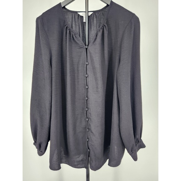 Nine West Tops - Nine West Plus Womens 1X Black Button Front Long Sleeve Blouse Textured Crepe